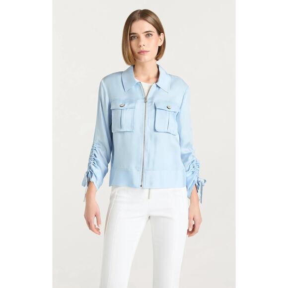 CINQ A SEPT Dale Ruched Sleeve Cupro Blue Satin Jacket - Picture 1 of 9